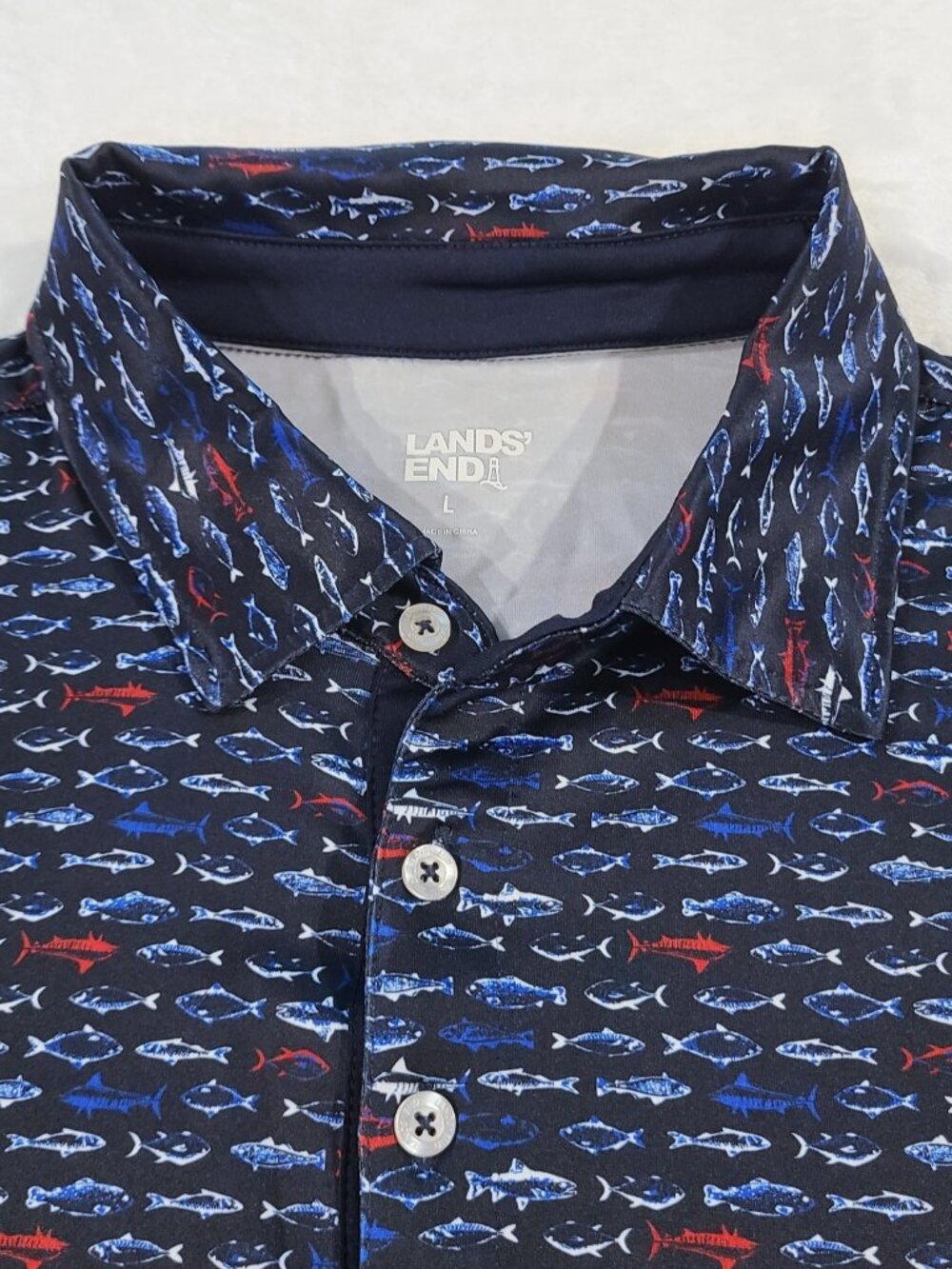 Lands End NWT Fish Nautical Polo size XL No Wrinkle Blue Red White Silky Top